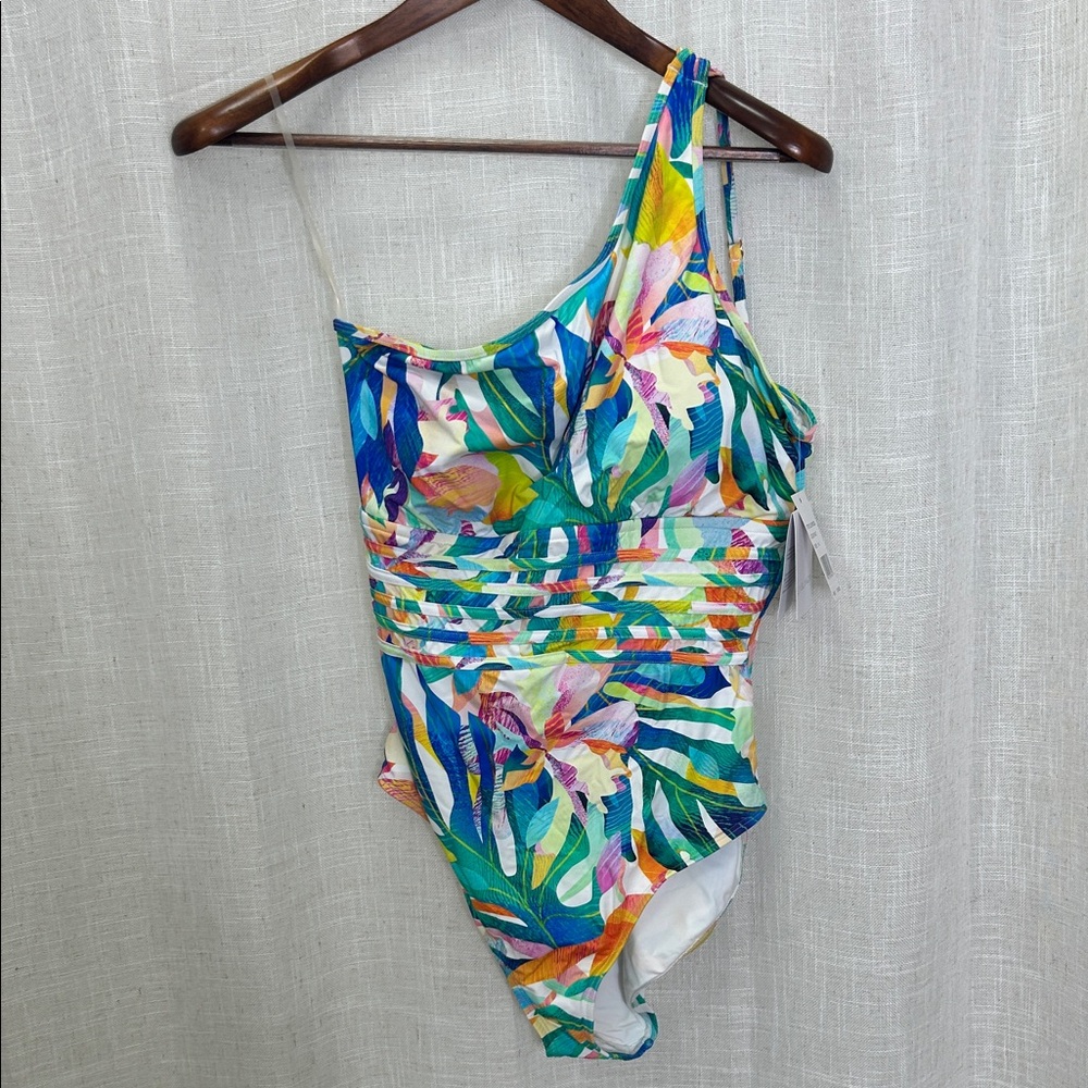 La Blanca One-Shoulder Tropical Print Swimsuit in Multicolor Size 14 Brand New